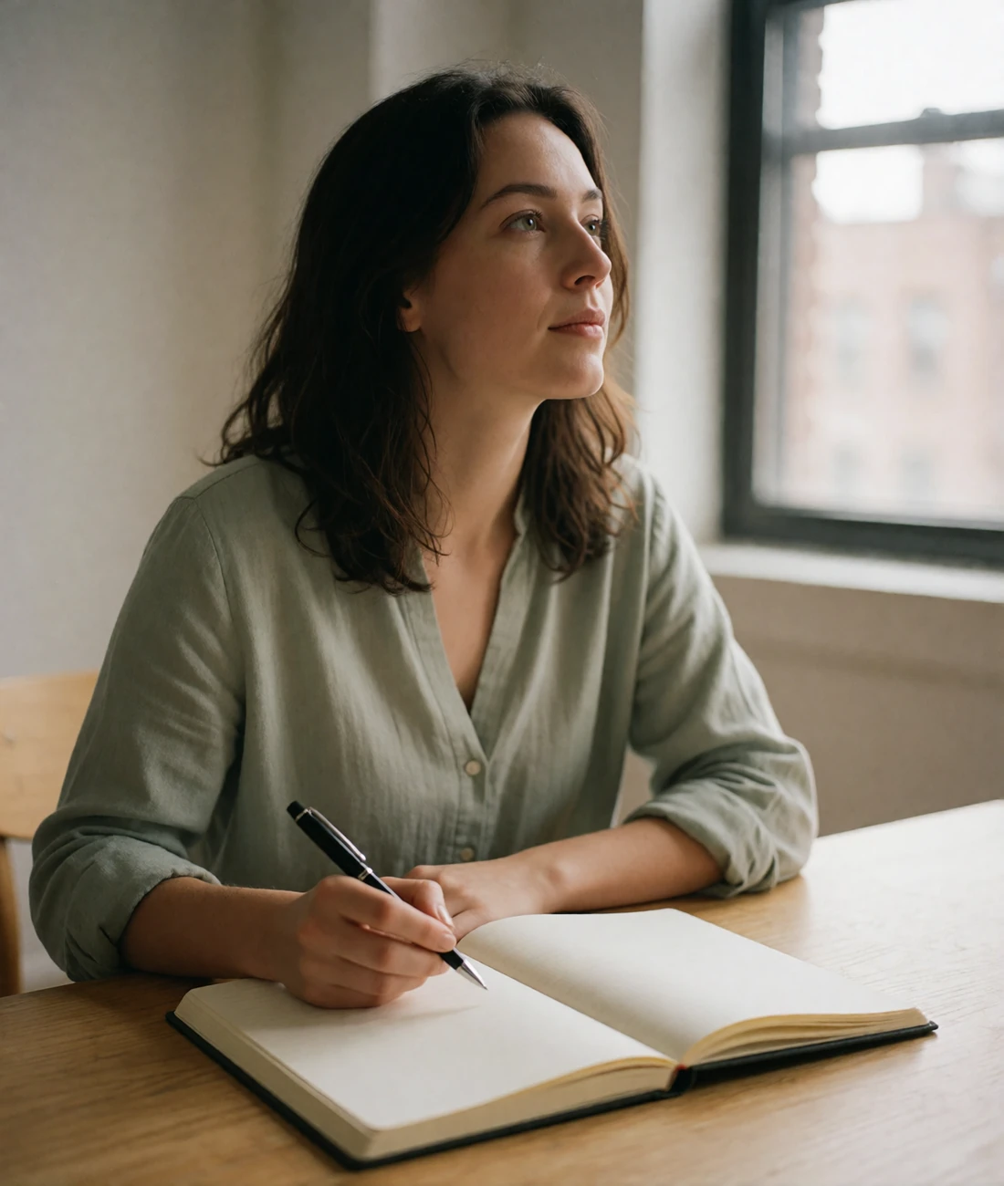 Woman in her early thirties seated at a wooden desk in a bright apartment, pen in hand over an open notebook, looking thoughtfully toward the window