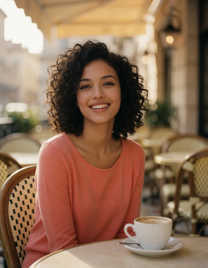Curly-haired Bulgarian woman in a coral top smiling at an outdoor cafe terrace