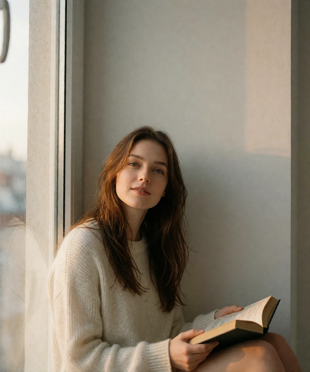 Russian woman reading a book by a bright window in a modern apartment