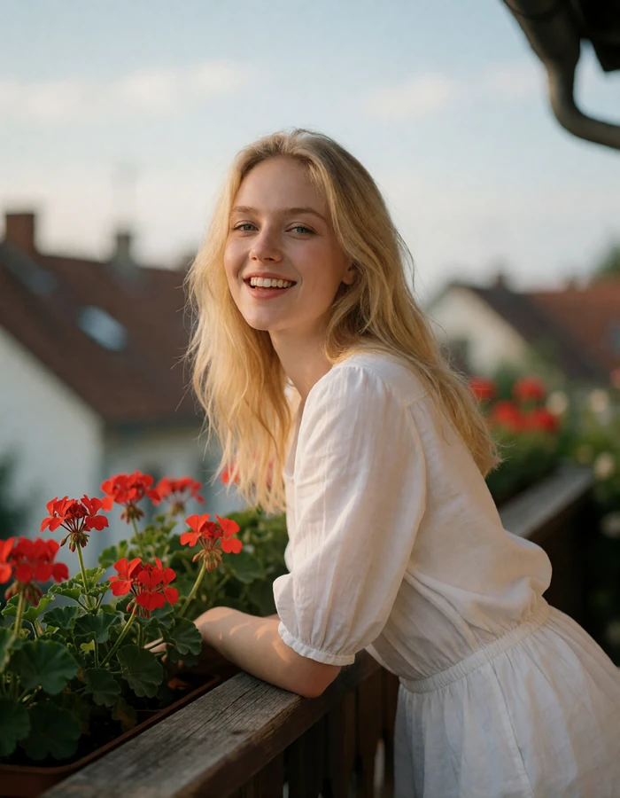 Blonde Romanian woman in a white blouse leaning on a flower-lined balcony rail with an open smile